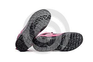 Men`s winter boots pink for expeditions of travel isolated on a white background