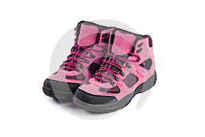 Men`s winter boots pink for expeditions of travel isolated on a white background