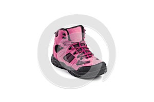 Men`s winter boots pink for expeditions of travel isolated on a white background