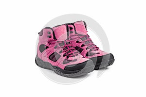 Men`s winter boots pink for expeditions of travel isolated on a white background photo