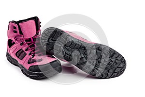 Men`s winter boots pink for expeditions of travel isolated on a white background