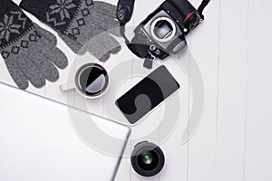 Men`s winter casual outfits with camera, coffee cup, laptop, sma