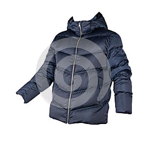 Men`s winter  down jacket with a hood isolated on a white background. fashionable clothes