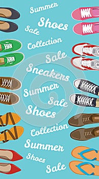 Men`s and Women`s shoes background. Shoes icons. Sneakers and Slippers collection. Vector