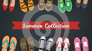 Men`s and Women`s shoes background. Shoes icons. Sneakers and Slippers collection. Vector