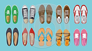 Men`s and Women`s shoes top view. Shoes icons. Sneakers and Slippers collection. Vector