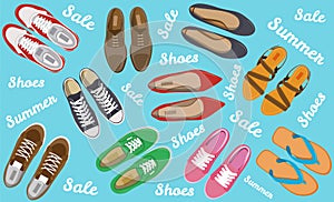 Men`s and Women`s shoes top view. Shoes icons. Sneakers and Slippers collection. Vector
