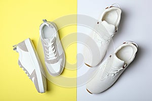 Men's and women's sneakers on a colored background top view. Sport shoes.