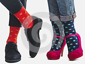 Men`s and women`s trendy shoes, bright socks