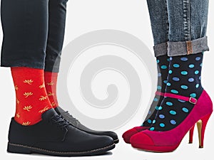 Men`s and women`s trendy shoes, bright socks