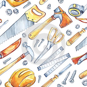 Men`s work illustration. Seamless pattern with carpentry tools. Watercolor axe, saw, roulette, knife, hammer, helmet