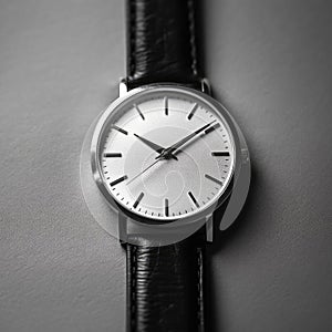 Men's wrist watch with black leather strap on a gray background
