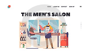 Men Salon Landing Page Template. Barbershop Services Concept with Barber Offer to Client Mustaches Style Illustration