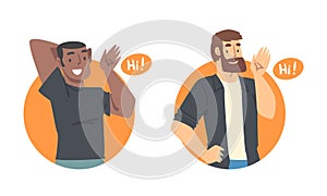 Men saying Hi. Smiling people doing greeting hand gesture cartoon vector illustration