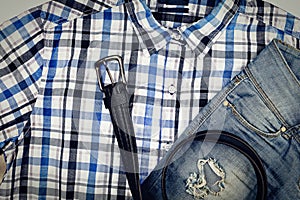 Men set, men`s casual clothes, ripped jeans, Checkered shirt, be