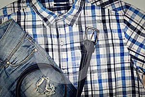 Men set, men`s casual clothes, ripped jeans, Checkered shirt, be