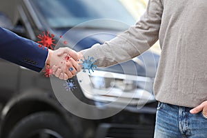 Men shaking hands, closeup. Virus spread