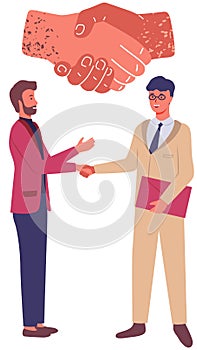 Men shaking hands after signing contract closing deal. Handshake gesture above business partners