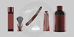 Men shaving cosmetics and accessories set. Male grooming cosmetic products, vector illustration. Template for design