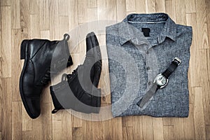 Men shoes shirt and wristlet watch