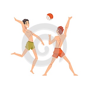 Men in Shorts Playing Beach Volleyball, Male Friends Spending Good Time Together, Male FriendshipVector Illustration