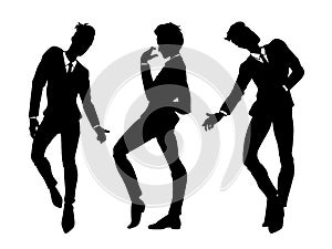 Men silhouettes in classic suits dancing, set of people, isolated on white