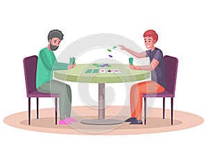 Men sitting at table and playing with cards and chips. Home activity and recreation with table game