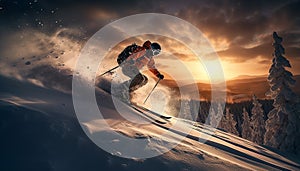 Men skiing down a mountain, enjoying the winter adventure generated by AI