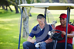 Men, smile and drive cart on golf course for transportation, relaxation or conversation between holes. People, happy and