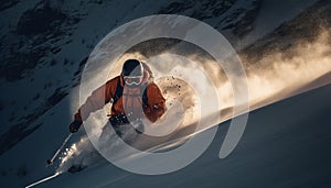 Men snowboarding down a mountain, experiencing the exhilaration of freedom generated by AI photo