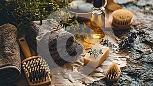 Men spa set with towels, natural solid shampoo, soap, beard brush and aroma oil on paper background.