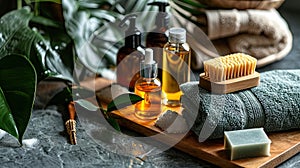Men spa set with towels, natural solid shampoo, soap, beard brush and aroma oil on paper background.