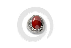 men spiritual stone ring isolated on white macro focus blurry background red coral gemstone closeup