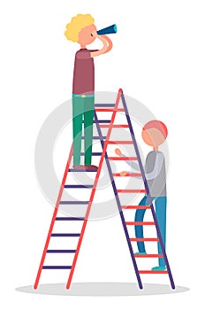 Men Stand on Ladder and Watch Through Spyglass