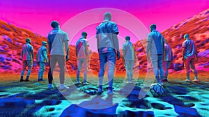 men standing in the field in the middle of a pink and purple background. Generative AI