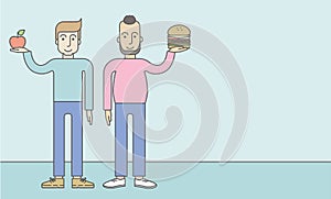 Men standing with hamburger and apple