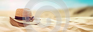 Men straw hat and sunglasses on the sand. Beach vacation concept background. Created with generative Ai