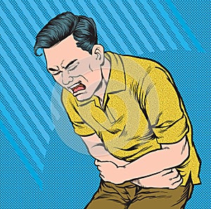 Men are suffering from a severe stomach ache.Pop art retro vector illustration