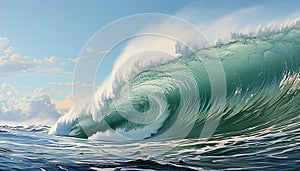 Men surf in the large barrel, splashing in the blue wave generated by AI