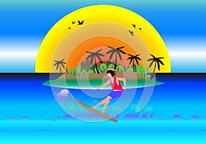 men surfing in the waves with island background flat illustration vector