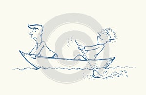 Men are swimming in boat. Vector drawing