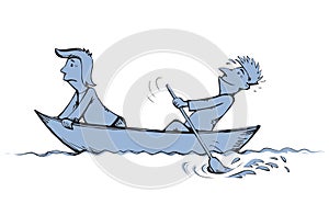 Men are swimming in boat. Vector drawing