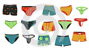 Men swimming underpants. Male swimsuit garment colorful underwear, cartoon flat boxer trunk shorts everyday brief