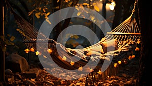 Men swinging on a hammock, enjoying tranquil nature at night generated by AI