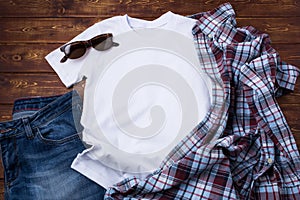 Men T-shirt mockup with checkered shirt