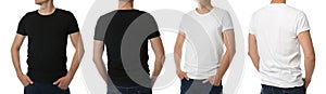 Men in t-shirts on background, closeup with back and front view. Mockup for design