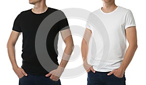 Men in t-shits on white background. Mockup for design