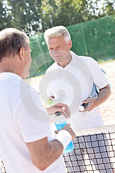 Men talking while standing by tennis net on sunny day
