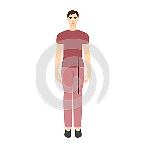 Men to do waist to knee measurement body with arrows fashion Illustration for size chart. Flat male character front 8