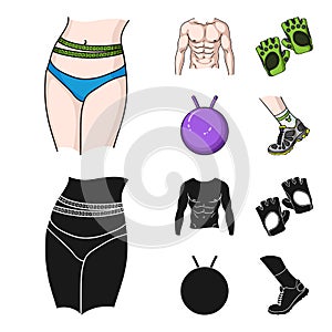 Men torso, gymnastic gloves, jumping ball, sneakers. Fitnes set collection icons in cartoon,black style vector symbol